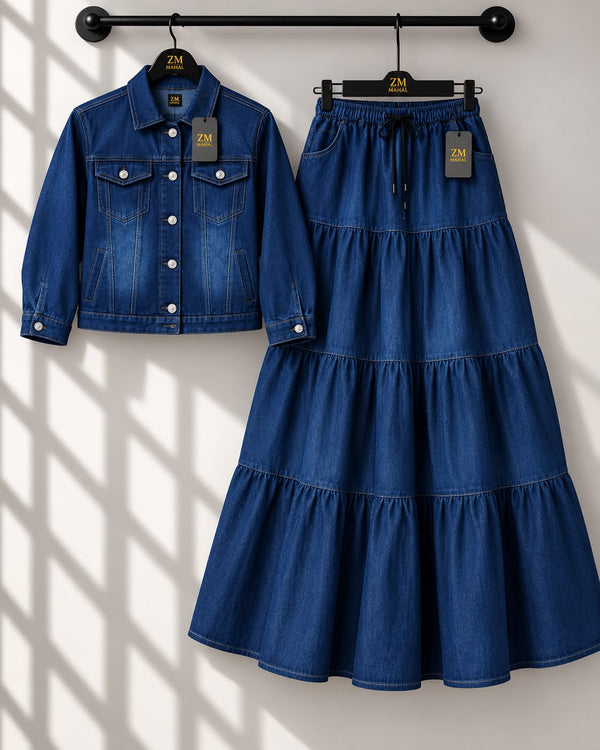 Denim Luxe Jacket & Tiered Maxi Skirt Set ZM-040