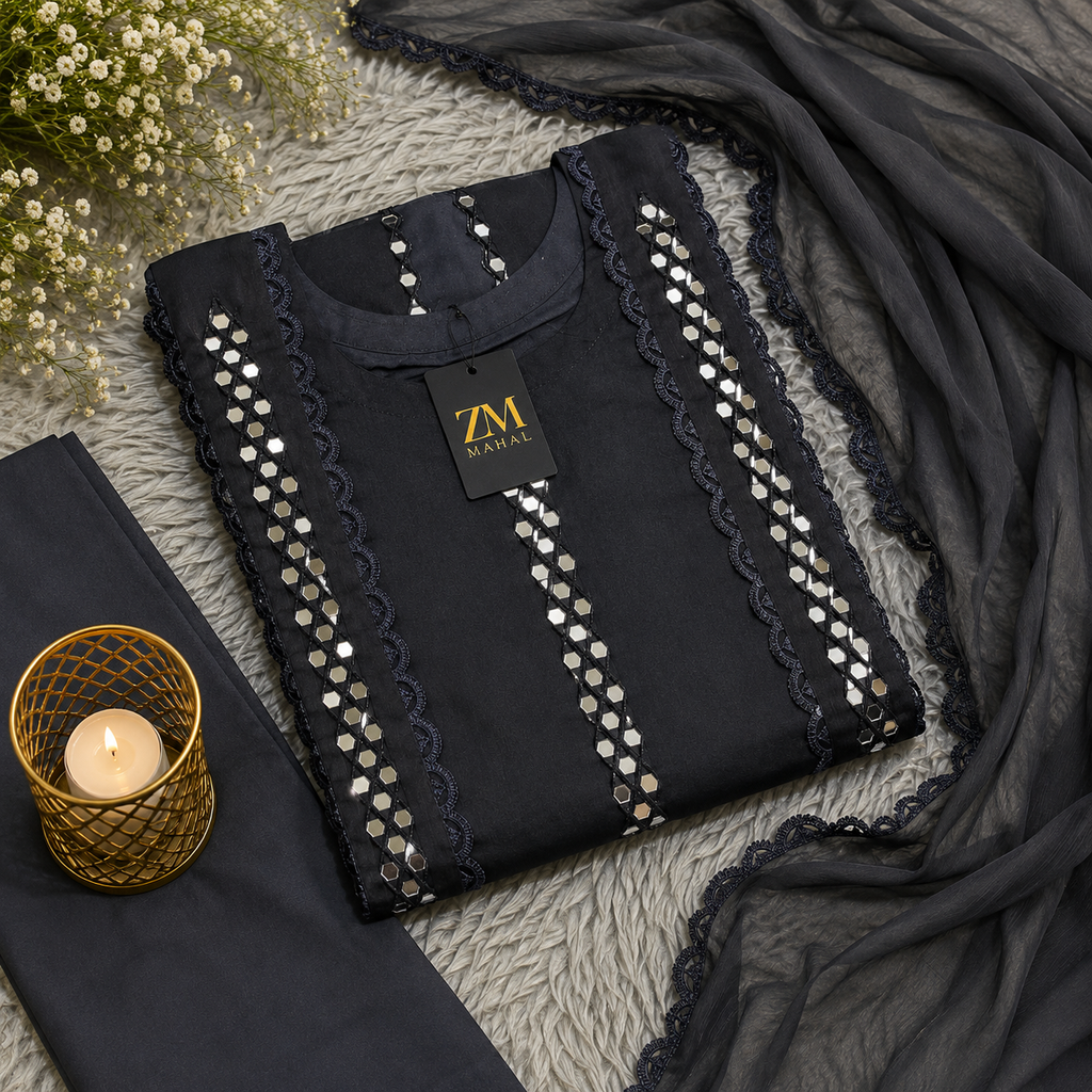 Luxury Mirror Work Chiffon 3 Piece Suit (Stitched)