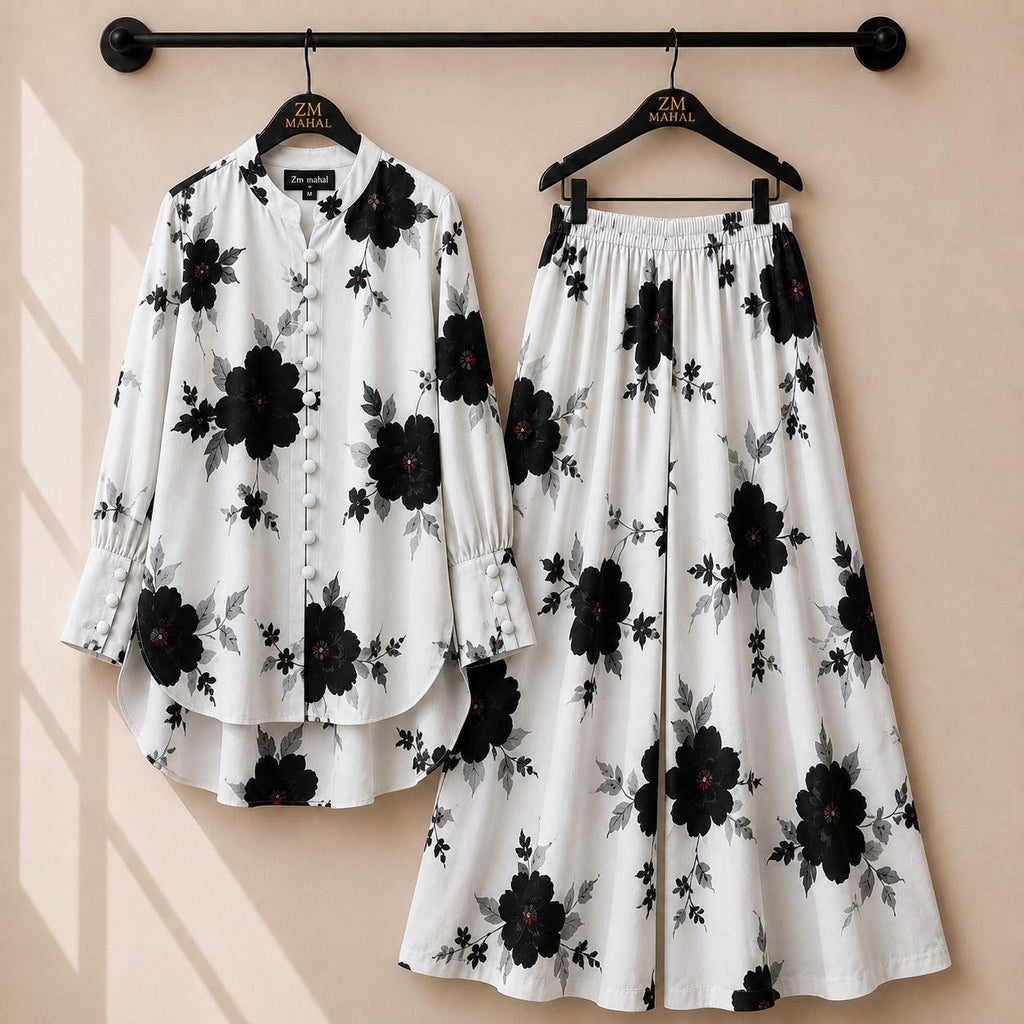 Women's floral shirt and wide-leg palazzo co-ord set in black and white print – SphereOutfit