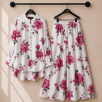 Women's floral shirt and wide-leg palazzo co-ord set in pink print – SphereOutfit