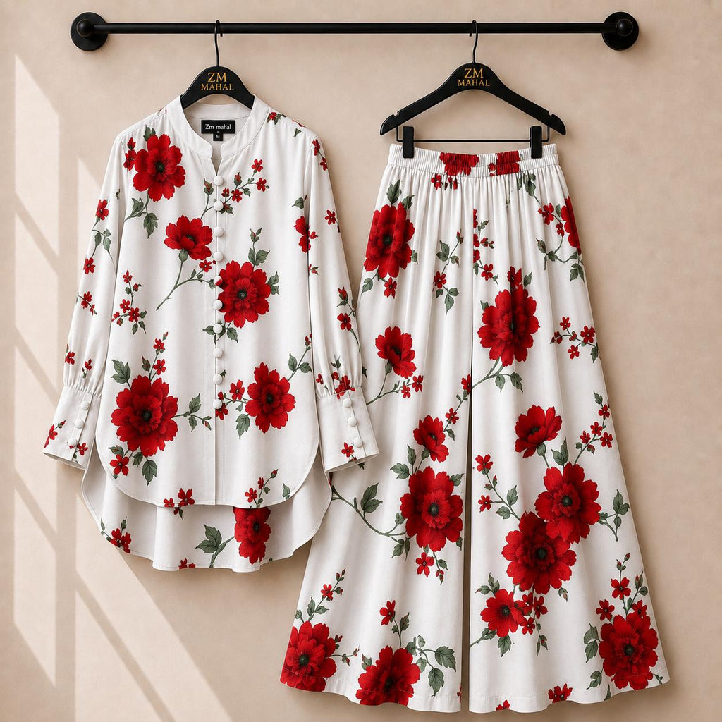 Women's floral shirt and wide-leg palazzo co-ord set in red print – SphereOutfit
