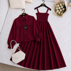 Imported Graceful Two-Piece Jacket & Smocked Maxi Set in Maroon for Women