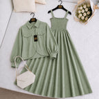 Imported Graceful Two-Piece Jacket & Smocked Maxi Set in Pistachio Green for Women