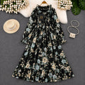 Imported Floral Chiffon Smocked Maxi Dress for Women in Black Floral Print with Stretchable Smocked Bodice and Long Balloon Sleeves