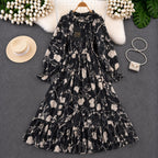 Imported Floral Chiffon Smocked Maxi Dress for Women in Black Beige Floral Print with Premium Chiffon Fabric and Smocked Fit