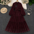 Turkish Lace Hem Belted Tiered Maxi Dress in Maroon for Women - Premium Imported Modest Long Dress with Adjustable Waist Belt